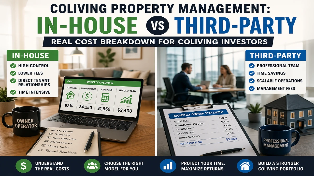 Coliving property management comparison showing in-house vs third-party cost breakdown for investors.