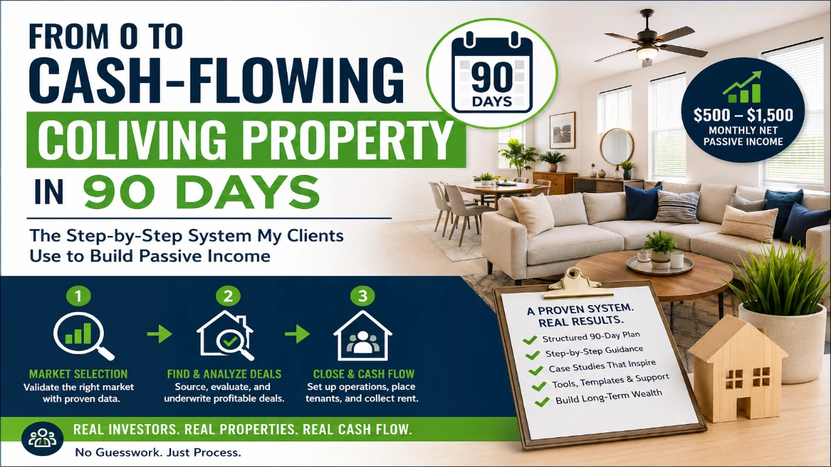 90 day coliving investment system showing step by step process from market selection to deal sourcing and property cash flow setup
