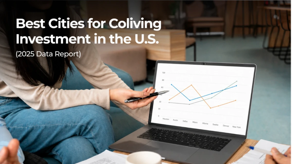 Best cities for coliving investment 2025 infographic showing Houston, Jacksonville, and Memphis with high cash flow returns and room rental data.