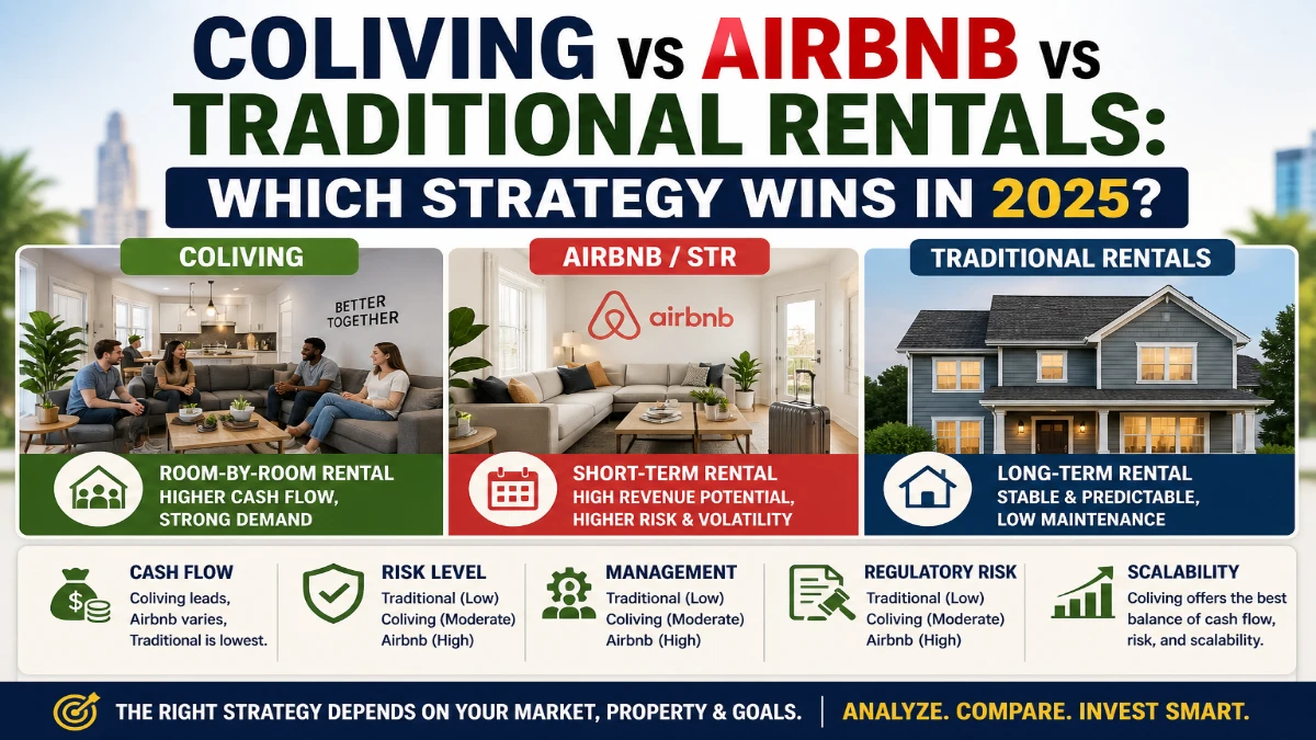 Alt Text: Coliving vs Airbnb vs traditional rentals comparison infographic showing cash flow, risk, management, and scalability in 2025.
