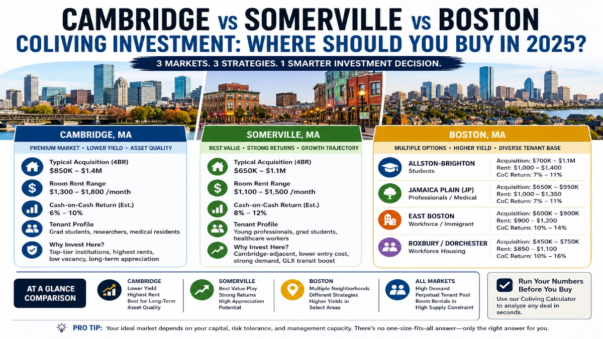 Greater Boston real estate infographic highlighting coliving investment opportunities in Cambridge, Somerville, and Boston with rental income and demand data.
