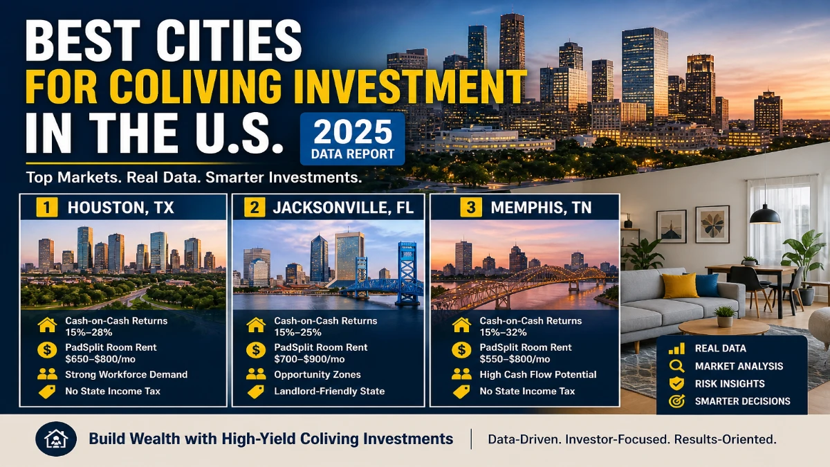 U.S. coliving investment comparison image highlighting top markets Houston TX, Jacksonville FL, and Memphis TN with ROI, PadSplit rents, and demand insights.